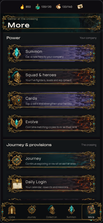 Seamfall menu with painted destination emblems and the current resource bar