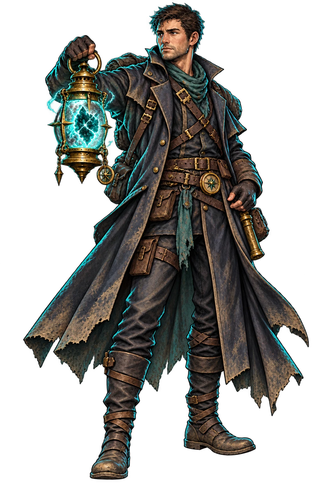 Perrin Vale holding a glowing teal lantern-compass