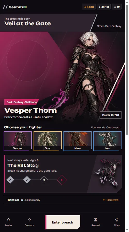 Seamfall Home screen, Vesper Thorn's story chapter