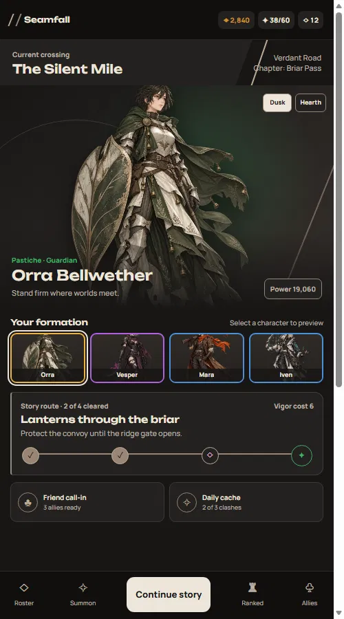 Seamfall Home screen, Orra Bellwether's story chapter